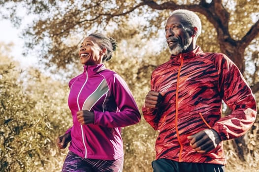 An adult African American couple is jogging in the park. Generative AI. High quality illustration