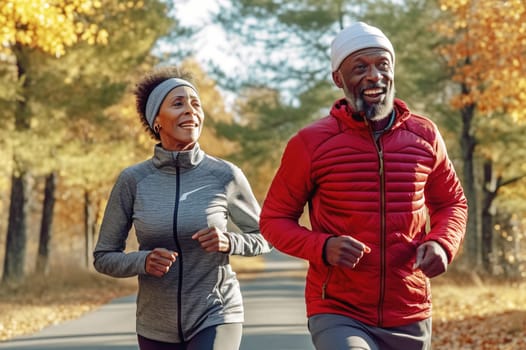 An adult African American couple is jogging in the park. Generative AI. High quality illustration