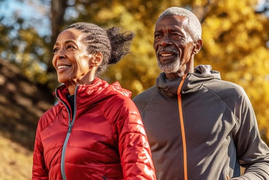 An adult African American couple is jogging in the park. Generative AI. High quality illustration