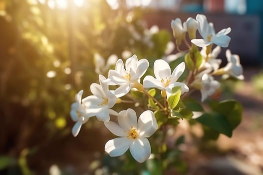 Blooming jasmine branches at sunset. Generative AI. High quality illustration
