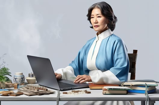 An adult Korean woman, a business woman, is sitting at a table in the office. Generative AI. High quality illustration