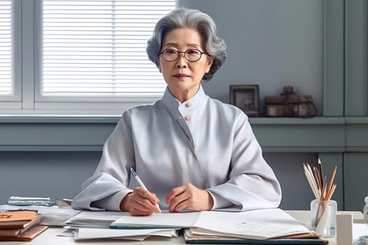 An adult Korean woman, a business woman, is sitting at a table in the office. Generative AI. High quality illustration