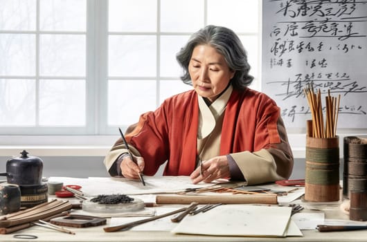 An adult Korean woman, a business woman, is sitting at a table in the office. Generative AI. High quality illustration
