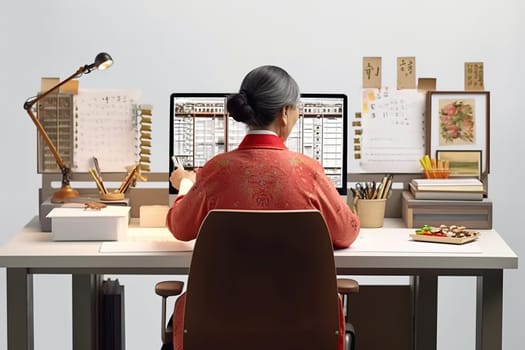 An adult Korean woman, a business woman, is sitting at a table in the office. Back view. Generative AI. High quality illustration