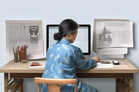 An adult Korean woman, a business woman, is sitting at a table in the office. Back view. Generative AI. High quality illustration