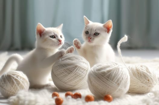 Two white kittens are playing with a ball of wool. Generative AI. High quality illustration