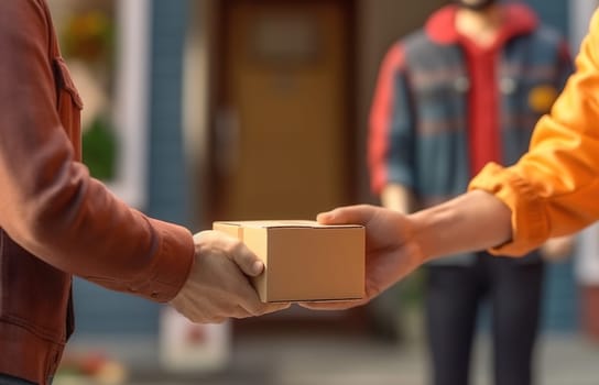 Hands of the courier pass the parcel to the client, close-up. Generative AI. High quality illustration