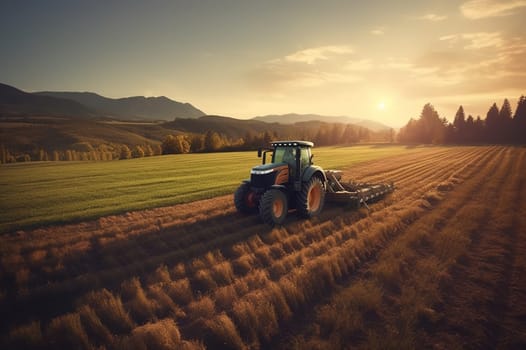 The tractor plows the soil in the agricultural field. Generative AI. High quality illustration