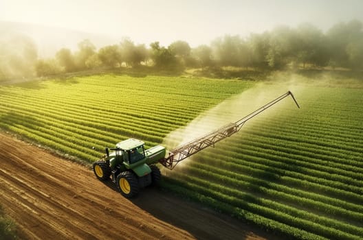 A tractor with an irrigation system waters seedlings in an agricultural field. Generative AI. High quality illustration