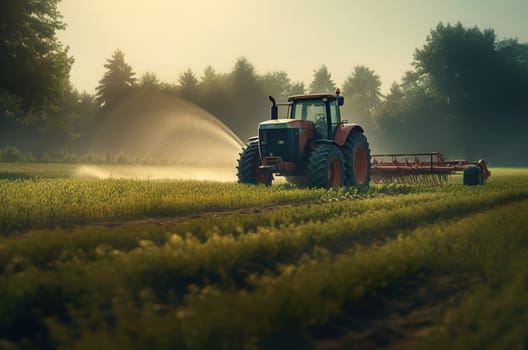 A tractor with an irrigation system waters seedlings in an agricultural field. Generative AI. High quality illustration