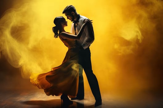Young couple dancing tango against the background of yellow smoke. Generative AI. High quality illustration