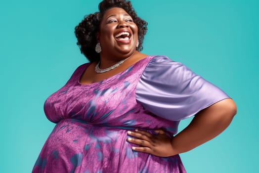 Fat African American woman laughing in the studio in a purple dress on a blue background. Generative AI. High quality illustration