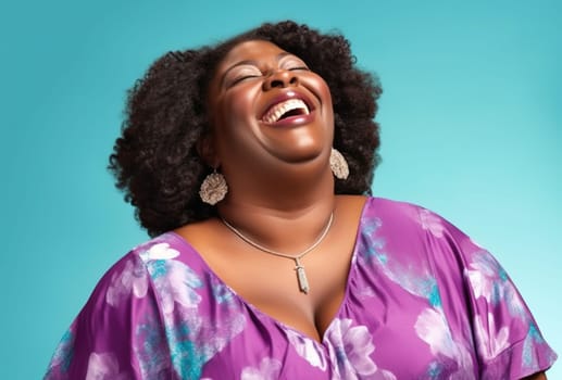 Fat African American woman laughing in the studio in a purple dress on a blue background. Generative AI. High quality illustration