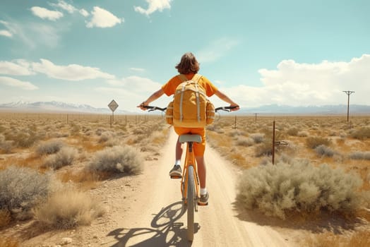 In summer, a girl rides a bicycle along a wide road, rear view. Generative AI. High quality illustration