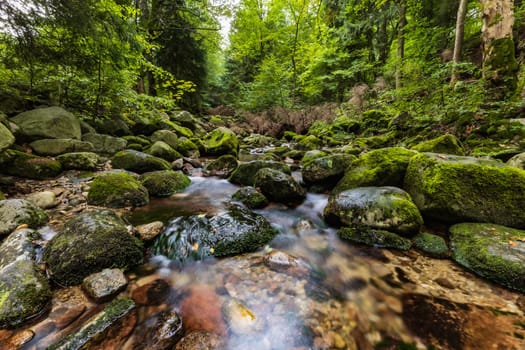 Beautiful small waterfall full of small and big rocks and stones with green trees around next to mountain trail in Giant mountains 