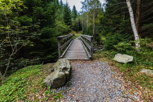 Small wooden bridge on mountain trail over small mountain water stream in Giant mountains