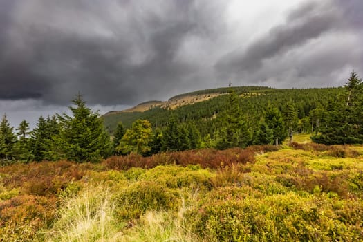 Beautiful cloudy green landscape around Sniezka mountain in Giant mountains