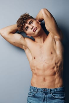 man body attractive curly torso adult lifestyle gray sexy handsome healthy sport person fitness fit