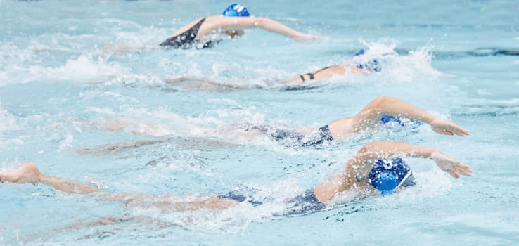 Swimming, water and race with a sports woman group in a pool for fitness, training or competition. Workout, exercise and swimmer with an athlete team racing for cardio or endurance during a swim.