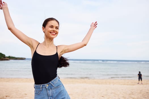 flight woman happy lifestyle young girl summer sunset travel sand sexy female running carefree tan leisure relax person smile sea beach