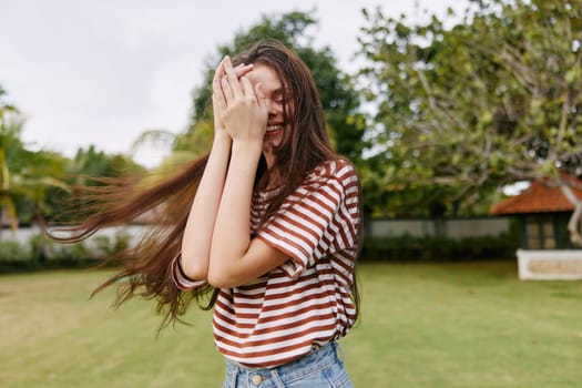 woman park beautiful meditation fun run nature sunset walk summer t-shirt joy meadow freedom lifestyle person striped smiling beauty happiness bali