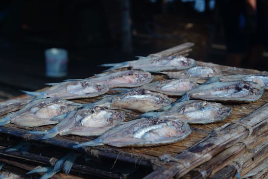 Traditional process of drying the salted fish under direct sunlight in Gresik, Indonesia. Street Photography