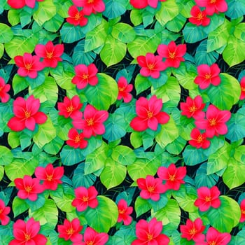 Tropical seamless pattern of bright magenta flowers and green leaves on black backdrop, watercolor illustration for textile, manufacturing, wallpapers, print, gift wrap and scrapbooking. AI generated.
