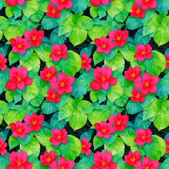 Tropical seamless pattern of bright magenta flowers and green leaves on black backdrop, watercolor illustration for textile, manufacturing, wallpapers, print, gift wrap and scrapbooking. AI generated.