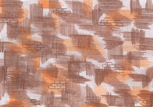 Hand Drawn Background with Bricks Drawn by Colored Pencils. Digital Paper in Orange, Brown and White Colors.