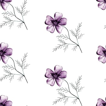 Seamless Pattern with Hand-Drawn Pink Flower. White Background with Thin-leaved Lavender Marigolds for Print, Design, Holiday, Wedding and Birthday Card.