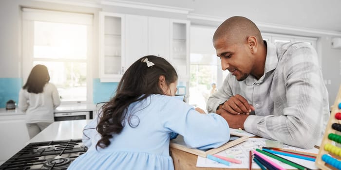 Education, homeschool and man with child drawing in kitchen, teaching and learning maths and help with homework. Home school, dad and kindergarten girl coloring and writing in notebook on counter