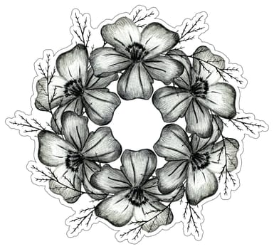 Black and White Hand Drawn Marigold Flower Round Composition Sticker Isolated on White Background. Marigold Flower CompositionSticker Drawn by Black Pencil.