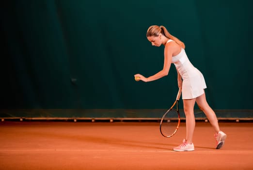 Indoor tennis court playing athlete. Young woman playing tennis