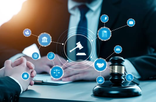 Smart law, legal advice icons and lawyer working tools in the lawyers office showing concept of digital law and online technology of astute law and regulations .