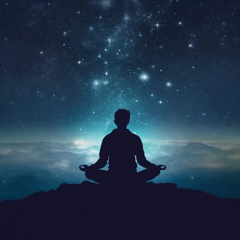 Meditating person silhouette, night starry sky on background. AI Generative