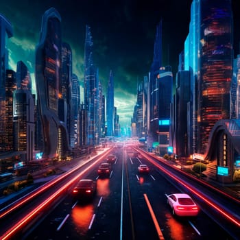 Futuristic cityscape with sleek, metallic buildings and road and cars on foreground. AI Generative