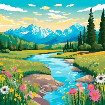 The crystal-clear water of the river, surrounded by flowers and mountains. Generative AI