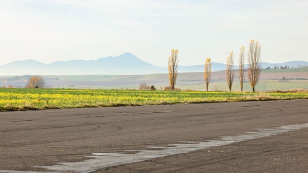 Simple minimal autumn landscape. Asphalt road, meadow, trees with few yellow laves, distant hazy mountain in background.
