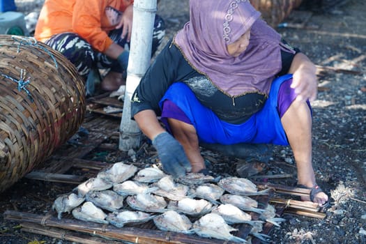 May 13, 2023. The preparation to dry the salted fish on a bamboo tray in Gresik, Indonesia. Street videography.