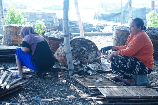 May 13, 2023. The preparation to dry the salted fish on a bamboo tray in Gresik, Indonesia. Street videography.