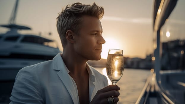 40-year-old Caucasian man wearing a linen shirt and shorts in a yacht setting - generative AI - AI generated