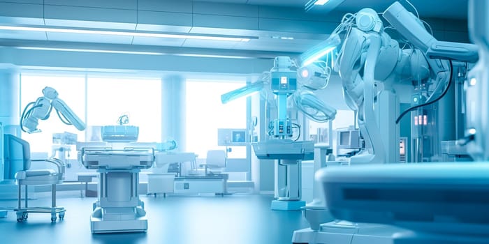 modern robots on surgical operating room in hospital, concept of advanced medicine. Banner with copy space.made with Generative AI.