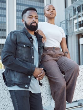 Beauty, fashion and portrait of black couple in city for love, support and summer break. Urban, cool style and relationship with man and woman relax in town for modern, cool and trendy together.