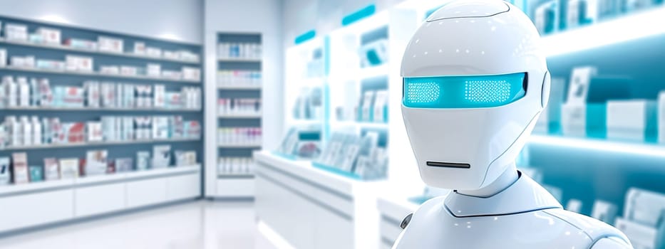 robotics pharmacy staff, healthcare concept of the future. banner with copy space. made with Generative AI.
