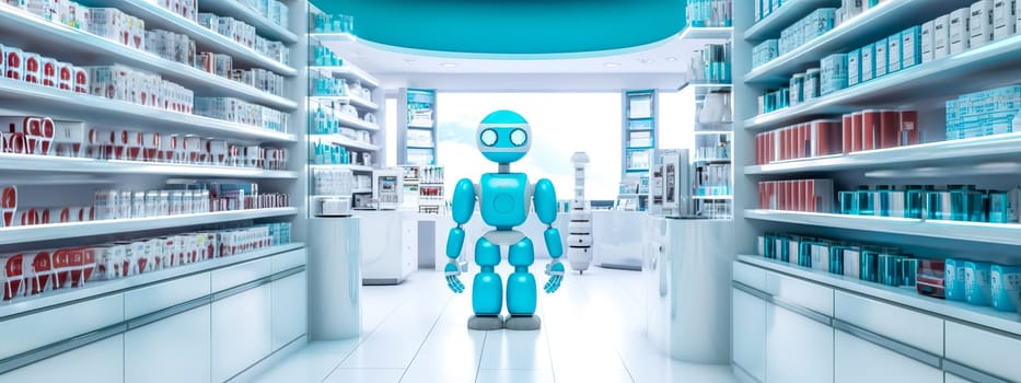 robotics pharmacy staff, healthcare concept of the future. banner with copy space. made with Generative AI.