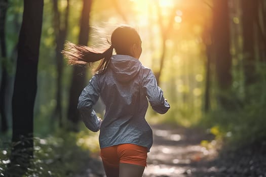 Young woman or girl running in the forest with setting sun. The girl is doing sports