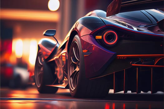 An red sports car stands in the evening backlight on the street. Ai generative