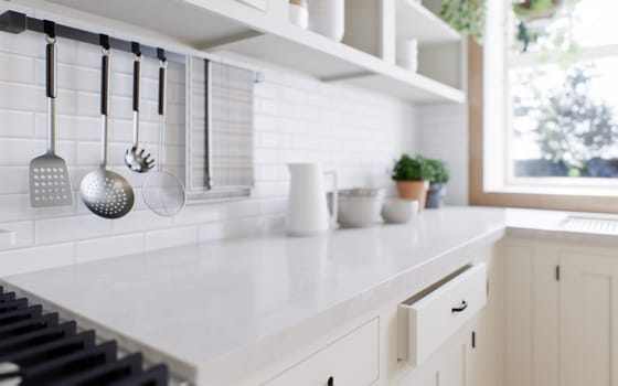 Close-up of a kitchen marble countertop against a blurred background of a kitchen with appliances and utensils near a window with a green plant. 3d rendering