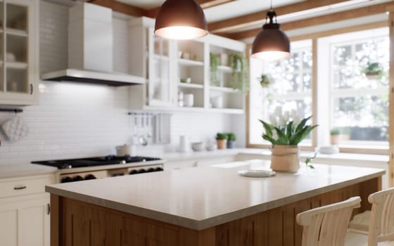 Close-up of a marble countertop of an island kitchen against a blurred background of a kitchen with appliances and utensils by a window with a green plant. 3d rendering