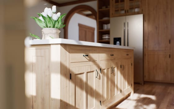 Wooden kitchen island with a close-up on the doors and handles with a sunburst pattern in the interior. 3d rendering